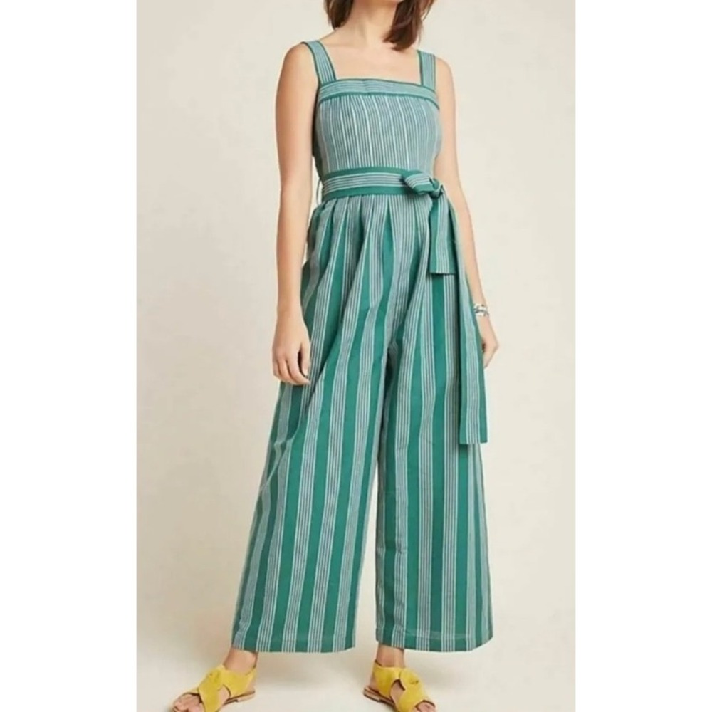 Anthropologie Payal Pratap Green Striped Wide Leg Linen Blend Jumpsuit Size 4